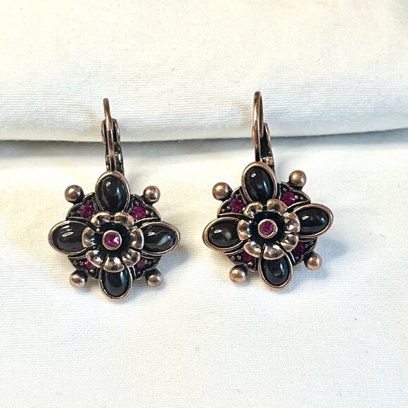 Joan Rivers Earrings * Copper Tone w/ Purple & Pink Rhinestones * Vintage * 1" - Picture 2 of 6